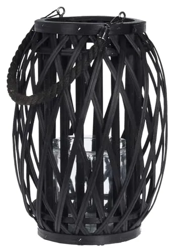Home4You Windlicht - Schwarz - Rattan - 23 x 30 cm - mit Seilgriff und Kerzenhalterglas