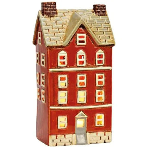 Windlicht Nostalgie Dekohaus aus Steingut als Weihnachtsdeko - Rotes Lichthaus 12 x 24 cm Kerzenhalter für Weihnachten & Herbst - Lichterhaus Teelichthalter als Tischdeko, Fensterbank & Winterdeko