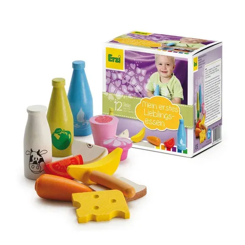 Erzi Kaufladen Sortiment für Kleinkinder - Lebensmittel- & Supermarkt-Miniaturen: 12 Teile aus Holz, ideal für Kinder ab 1 Jahr, fördern spielerisches Lernen und Sicherheit durch schadstofffreie Materialien.