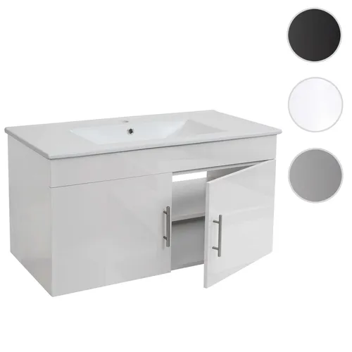Waschbecken + Unterschrank HWC-D16, Hochglanz 90cm in Weiß - Waschbeckenunterschrank mit Soft-Close-System, modernem Design und viel Stauraum für Ihr Badezimmer. FSC-zertifiziert und inklusive Waschbecken aus Keramik.