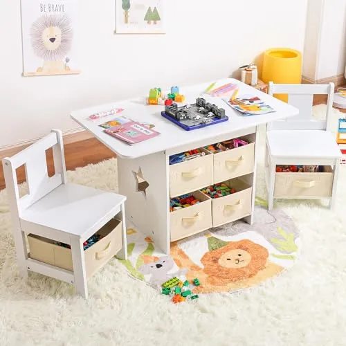 Yorbay Kindertisch mit 2 Stühlen – 3tlg. Sitzgruppe für Kinder - Praktisches Kinderzimmer-Set mit Stauraum für Spielzeug und Buntstifte, fördert Ordnung und Unabhängigkeit. Ergonomisches Design für sicheren Sitzkomfort.