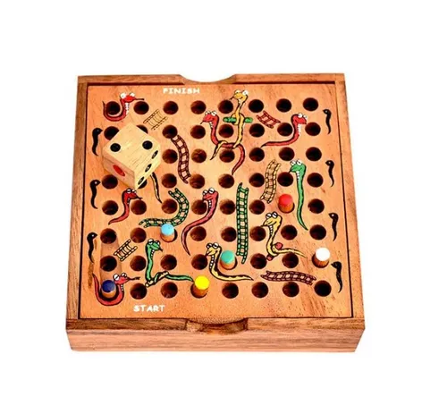 Schlange Leiter Spiel als Holzbox, Würfelspiel, Reisespiel für 2 bis 6 Personen