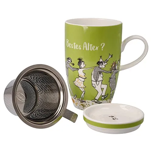 Teetasse mit Deckel und Sieb Barbara Freundlieb - Das beste Alter - Thermobehälter aus leichtem Fine Bone China, mit praktischem Deckel zur Ablage des Teesiebs und einem rostfreien, fein perforierten Sieb. Spülmaschinengeeignet und detailverliebt gestaltet.