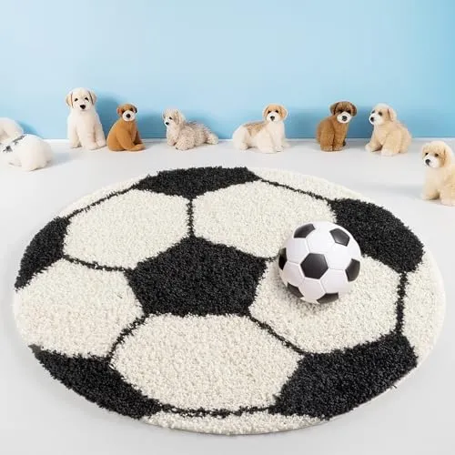 Teppium Kinderteppich Hochflor 100 cm Rund Schwarz - Fussball Teppich für Jungen und Mädchen, Extra Weich, Flauschig und 30 mm Florhöhe - Runder Teppiche fürs Kinderzimmer, Babyzimmer und Spielzimmer