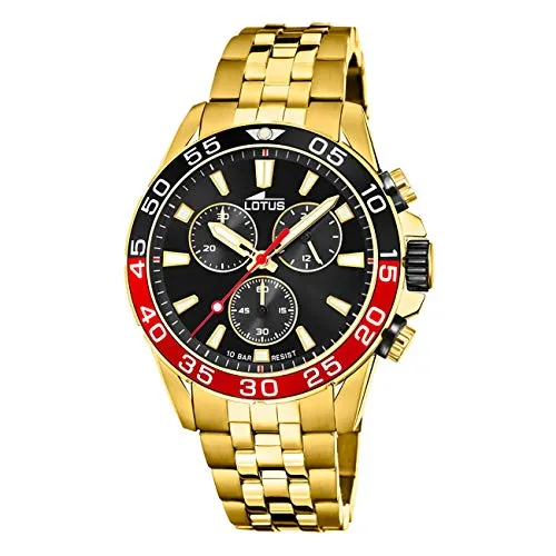 LOTUS Watch, Herrenuhr aus Edelstahl in Gold mit Einer Größe von 45mm und einem schwarzen Ziffernblatt, rot Schwarze Lünette, 10Bar, 18769/4