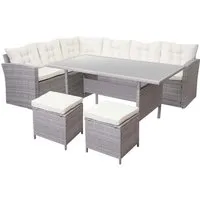 Poly-Rattan-Garnitur MCW-A29, Gartengarnitur Sitzgruppe Lounge-Esstisch-Set - Gartenmöbel mit eleganter hellgrauer Rattan-Optik, inklusive cremefarbener Kissen und optional 6, 8 oder 9 Sitzplätzen für gesellige Stunden im Freien.