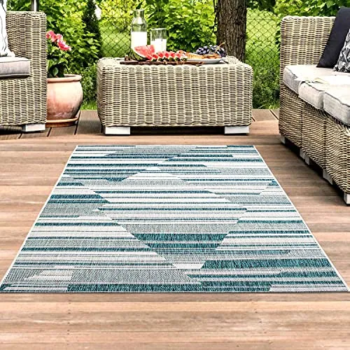 carpet city Outdoor Teppich Blau Grau Meliert 80x150 cm - Aussenbereich Garten Balkon Wasserfest - Modernes Geo-Muster - Wetterfeste Balkonteppiche - Indoor Wohnzimmerteppich Küchenläufer Badteppich