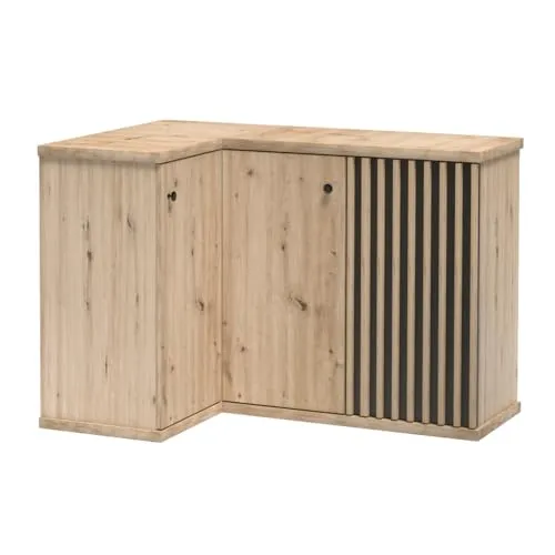 Lomadox Wohnzimmer Eckkommode Eiche Schwarz - Moderne Eckkommode mit Softclose-Funktion, eleganter Lamellenstruktur und vielseitigen Aufbewahrungsmöglichkeiten für Ihr stilvolles Zuhause.