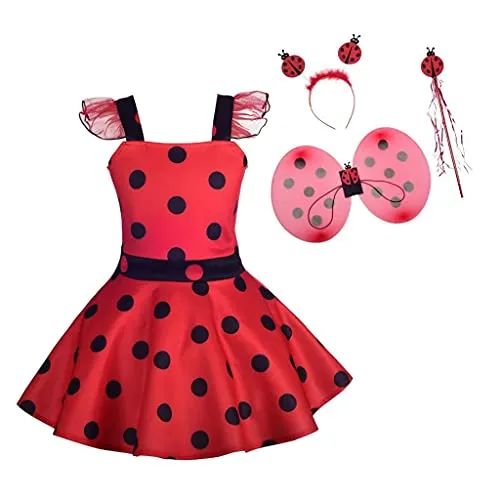 Lito Angels Kinder Mädchen Ladybug Marienkäfer Kostüm Polka Dots Kleid mit Flügeln, Haarreifen und Zubehör, Größe 3-4 Jahre 104 (Tag-Nummer 110), Rot