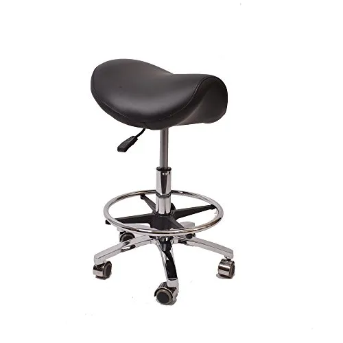 Promafit Sattelhocker/Sattelstuhl mit Gummirollen für alle Böden und Metallfuß - ergonomisch - stufenlos höhenverstellbar - viele Farben - 360° drehbar (Schwarz, Mit Fußring)