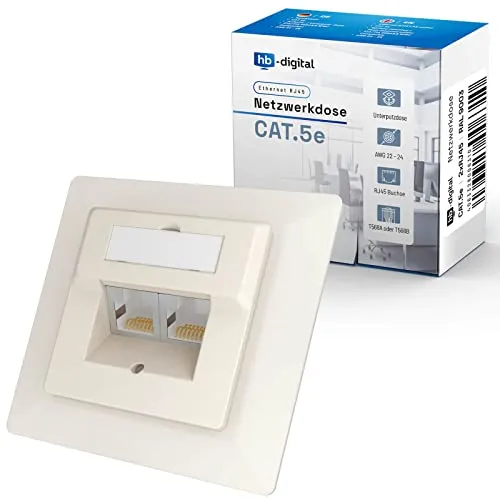 hb-digital 1x CAT 5e Netzwerkdose für CAT.7 CAT.6A CAT.6 CAT.5 Verlegekabel mit 2X RJ45 Port | Unterputz Datendose Universal EIA/TIA 568A&B 8P8C Gigabit Ethernet RAL9010 Reinweiß