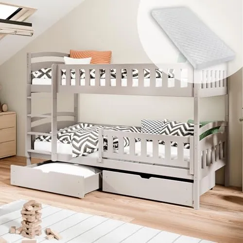 Hochbett 90x200 cm mit Matratzen und Schubladen - Vielseitiges Funktionsbett aus massivem Kiefernholz, umbaubar in zwei Einzelbetten und mit sicherem Rausfallschutz – ideal für Kinder von 4 bis 18 Jahren.