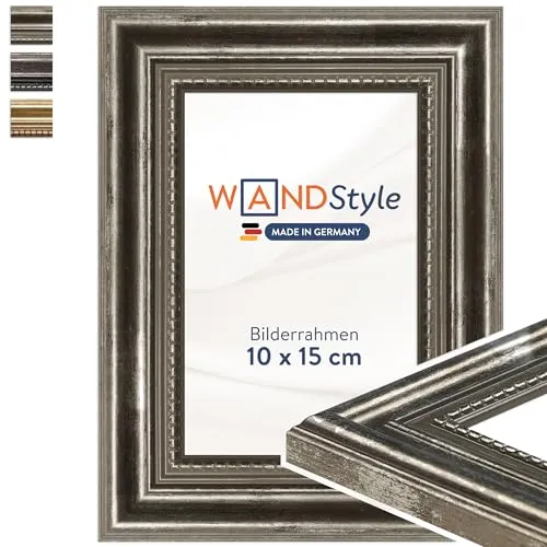 WANDStyle Bilderrahmen 10x15 Vintage, Bilderrahmen Silber Holz, hochwertiger Holzbilderrahmen Antik, Posterrahmen zum Aufhängen und Aufstellen, Rahmen 15x10 cm, Fotorahmen H450 - Made in Germany
