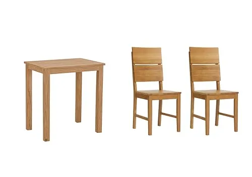 Woodroom Essgruppe Kota Hevea massiv eichefarbig lackiert 70x75x50 cm mit 2 Stühlen - Braun - Kompakte Essgruppe aus hochwertigem Hevea-Massivholz für 2 bis 4 Personen. Ideal für kleine Räume, pflegeleicht und in drei eleganten Farben erhältlich. Perfekte Wahl für stilvolles Essen in jedem Zuhause.