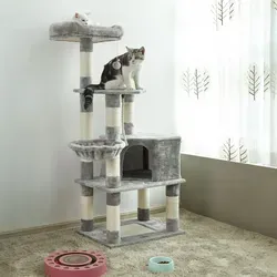 Feandrea Kratzbaum groß PCT60W - 138 cm hoch, mit 9 Kratzsäulen und Höhle, ideal für mehrere Katzen und einfach zu montieren