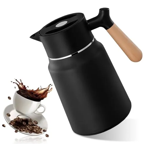 Thermoskanne 1,5 L, Kaffeekanne, Isolierkanne, Kaffeekanne Thermo, Teekanne Thermo, Edelstahl Isolierkanne Mit Holzoptik Griff Für Tee, Kaffee, Milch