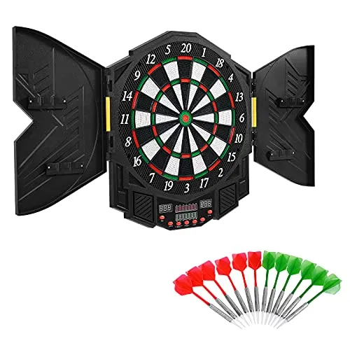 DREAMADE Elektronische Dartscheibe, Dartautomat E-Dartboard, LED-Dartspiel E-Dartscheibe mit 12 Pfeile, 27 Spielen und 216 Varianten für 1-8 Spieler