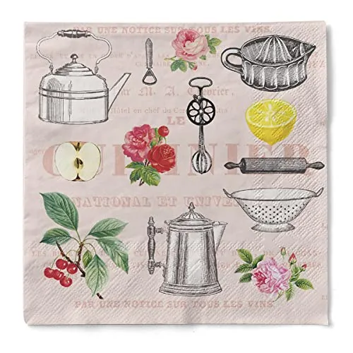 Sovie HOME Serviette LORI aus 3-lagigem Tissue, 33 x 33cm, 20 Stück, Vintagedesign Küchenutensilien, saugstarke Einwegserviette, Tischdeko für Feier und Event
