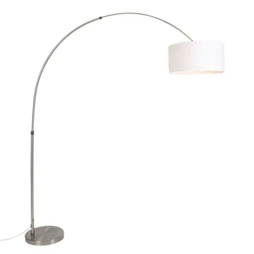 Qazqa - Modern Bogenleuchte I Bogenlampe I Lampe I Leuchte Stahl I Silber I nickel matt Stoffschirm weiß 50I50I25 verstellbar - XL I Wohnzimmer I Schlafzimmer - Stahl Länglich - LED geeignet E27