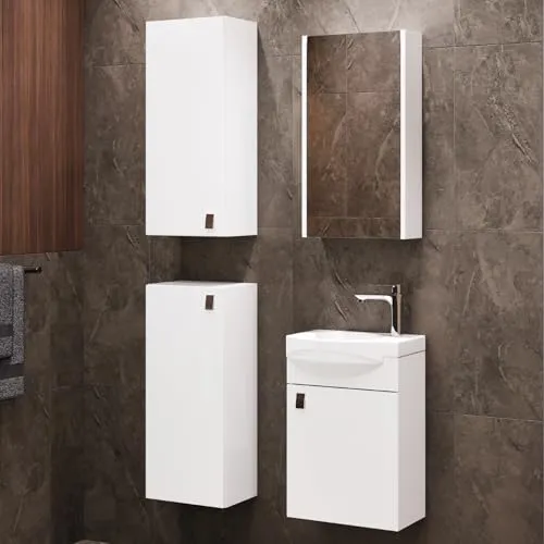 Planetmöbel Badmöbel Set mit Waschtisch und Spiegelschrank - Komplettset für kleine Bäder: Waschtisch, Spiegelschrank und 2 Midischränke bieten optimalen Stauraum und sind pflegeleicht sowie feuchtigkeitsresistent.