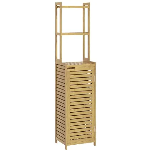 HOMCOM Badezimmerschrank aus Bambus - Kompakter Badschrank mit Kippschutz - Hoch- & Midischränke fürs Bad: Dieser elegante Badschrank aus natürlichem Bambus bietet mit 3 offenen Fächern und einem Schrankfach viel Stauraum und sorgt für Ordnung im Badezimmer.