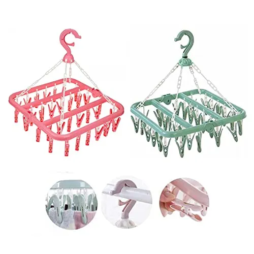 Biluer Sockentrockner Waschestander, 2PCS Clips Waschestander mit 64 Clips Socken Kleiderbugel Falten Trockengestell Socken fur Unterwasche Babykleidung Kleine Wascheartikel(Rosa,Grun)