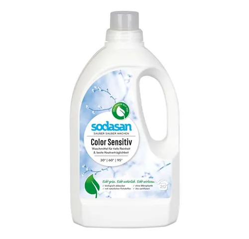 SODASAN Waschmittel Color Sensitiv 1.5 Liter - Waschmittel für empfindliche Haut, duftfrei und biologisch abbaubar. Ideal für farbige Textilien von 30–95 °C, dermatologisch getestet und vegan.