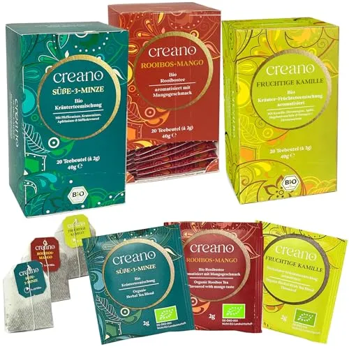 Creano Bio-Kräutertee Set „Herbal Mix“, fruchtig, frisch & süß mit den Bio-Tee-Sorten Fruchtige Kamille, Süße-3-Minze, Rooibos-Mango, 3 x 20 Teebeutel*