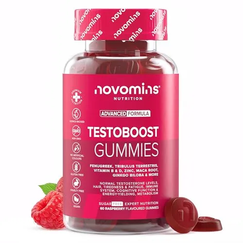 Testosteron Booster - mit Maca, Tribulus Terrestris, L Arginin, Bockshornklee - 60 Gummies - Alternative zu Maca Kapseln & T-Booster Tabletten - Vegan - für normale Testosteronspiegel - Novomins