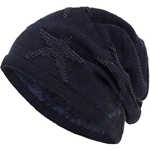 Compagno warm gefütterte Beanie Wintermütze Sternen Strickmuster mit weichem Fleece-Futter Mütze, Farbe:Marineblau Grau