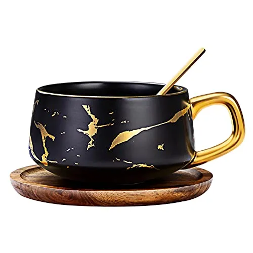 Espressotassen, 300 ml Cappuccino Tassen Set, Tasse Marmor, Marmor Kaffeetasse mit Untertasse, Porzellan, 1 Tasse, 1 Untertasse, 1 Löffel, Schwarz