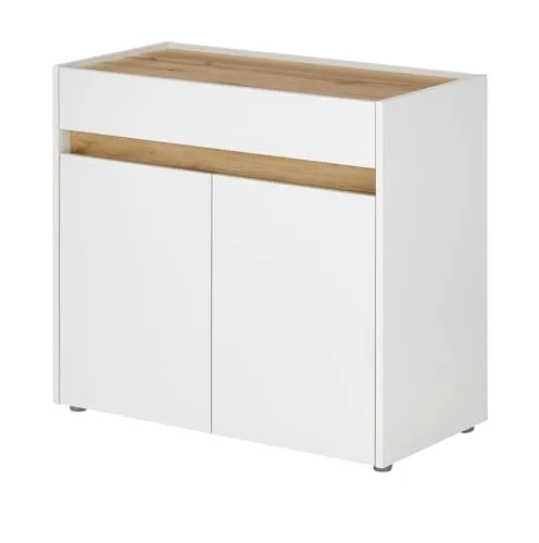 Furn.Design Büro Kommode Center – Weiße Anrichte mit Eiche Wotan - Schränke für das Heimbüro – Die elegante Kommode bietet viel Stauraum für Akten und Ordner, ist nachhaltig produziert und ermöglicht ein müheloses Öffnen ohne Griff.