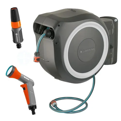 Gardena Wand-Schlauchbox RollUp XL 35 m - Schlauchtrommeln für große Gärten, mit 35 m Qualitätsschlauch, schwenkbar und frostsicher für ganzjährigen Einsatz.