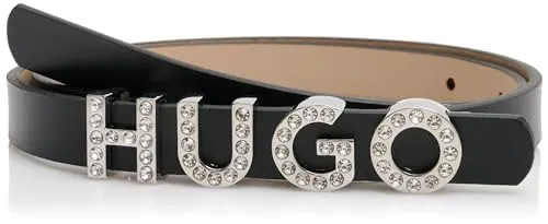 HUGO BELT Damen Black1 70 cm - Eleganter Damen-Gürtel mit kristallbesetzter Logo-Schließe und glänzenden silberfarbenen Details für einen stilvollen Look.