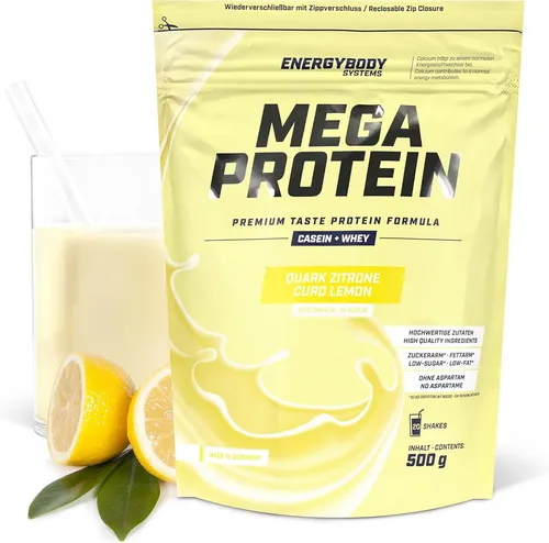 Energybody Mega Protein Quark-Zitrone 500 g - Vielseitiges Eiweißpulver - Leckeres Mehrkomponenten Proteinpulver mit Casein und Whey, ideal als proteinreiche Zwischenmahlzeit oder nach dem Training. 19 Geschmacksvarianten für Abwechslung und Genuss.