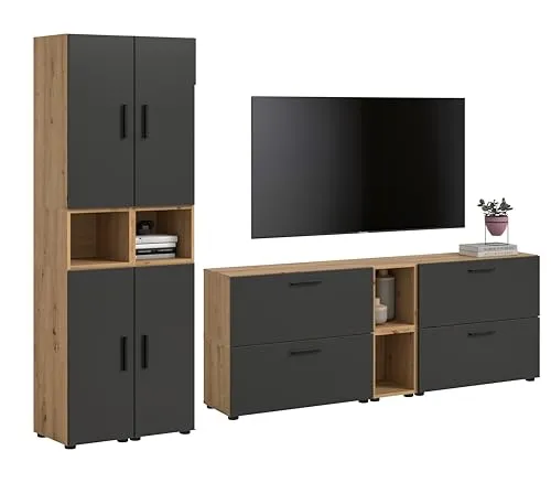 xonox.home Wohnkombination The One Artisan Oak Nachbildung / Basalt grau - Moderne Wohnkombination in Artisan Oak und Basalt grau für stilvolle Wohnzimmergestaltung. Mit großzügigen Abmessungen von 259 x 182 cm und pflegeleichten Oberflächen ist sie die ideale Wahl für eine ansprechende Einrichtung.