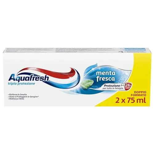 Aquafresh Dreifacher Schutz, 3-in-1-Zahnpasta für die ganze Familie, starke Zähne, gesundes Zahnfleisch, frischer Atem, frischer Minzgeschmack, 2er Pack (2 x 75 ml)