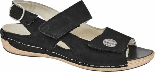 Waldläufer Heliett Damen Sandalen, bequeme Nubukleder Sandalen in Schwarz, Extra-Weite H - Wanderschuhe mit herausnehmbarem Lederfußbett, ideal für orthopädische Einlagen. Genießen Sie höchsten Tragekomfort und perfekte Passform dank verstellbarer Klettverschlüsse und Fersenriemchen.