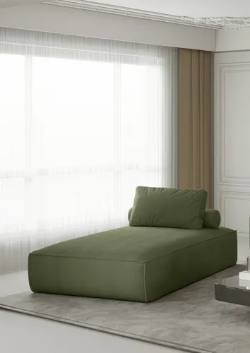 Chaiselongue Sezlong Liege CELES in Stoff Scala Olivgrün - Modernes Chaiselongue für das Wohnzimmer, inkl. Rückenkissen und komfortabler Wellenfederung für besten Sitzkomfort.