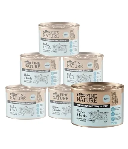 Dehner Fine Nature Katzenfutter, Nassfutter getreidefrei, für ausgewachsene Katzen, Huhn / Fisch, 6 x 200 g Dose (1.2 kg)
