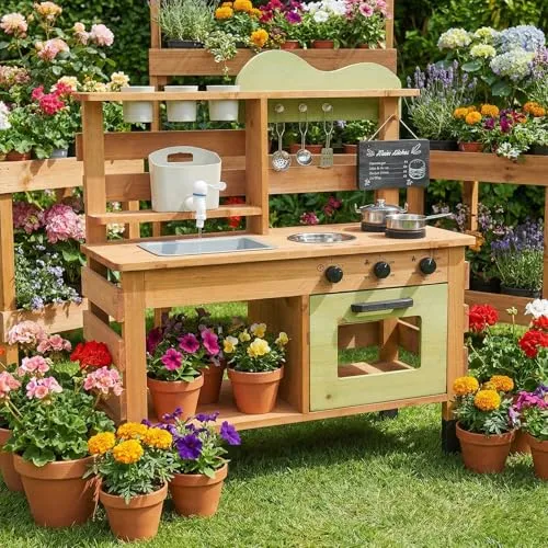 WoodenFun Outdoor Spielküche Gartenspielküche Matschküche Kinder Outdoor Mit Tafel, Wasserkocher, Spüle, Holzpflanzenbehälter, Kinderküche(Grün)
