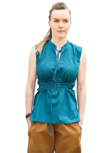 Battle-Merchant - Ärmellose Mittelalter-Bluse Levke, Hemd mit Schnürung, Schildmaid Outfit, Gewandung, LARP, Wikinger, Pirat (L, Petrol)