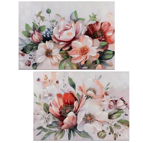 formano 2er Set Wandbild Magnolien 50 x 70 cm Leinwandbild rosa mit Goldglitter - Elegante Blumendeko für Wohnzimmer und Schlafzimmer, sofort aufhängbar, stilvolle Wanddekoration Blumenmotiv