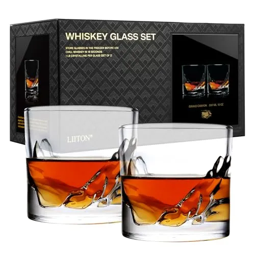 LIITON Whiskyglas Grand Canyon, 2er-Set - Brustgeschirr: Edles Whiskyglas-Set mit Bergrelief aus robustem Kristallglas, ideal für Scotch, Bourbon oder Cocktails und perfekt verpackt in Geschenkbox.