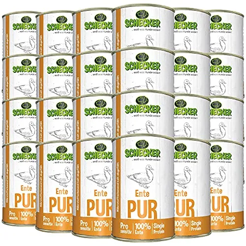 Schecker Ente PUR - Getreidefreies Nassfutter für Hunde - Hundefutter in Dosen, 100% Entenfleisch und Innereien, glutenfrei und hypoallergen für eine gesunde Ernährung ohne Zusatzstoffe.