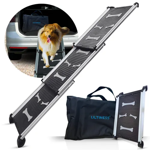Teleskop-Hunderampe Auto 157x42cm - Rampen & Treppen, ideal für kleine bis große Hunde, mit Antirutschbelag für sicheren Zugang ins Auto, klappbar und tragbar, inklusive Tragetasche.