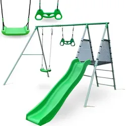 HyperMotion Mehrkindschaukel XXL Garten Spielset - Multifunktionsspielplatz für Kinder ab 3 Jahren mit Schaukel, Rutsche und Trapez. Robuste Konstruktion, wetterfest und mitwachsend für jahrelangen Spielspaß im Freien.