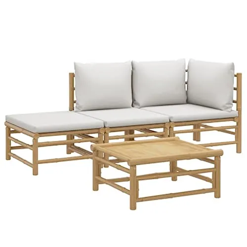 vidaXL Garten Lounge Set 4-TLG. mit Hellgrauen Kissen - Modular Sofa Garnitur aus langlebigem Bambus mit hohem Sitzkomfort und flexiblem Aufbau – perfekt für Garten und Terrasse!
