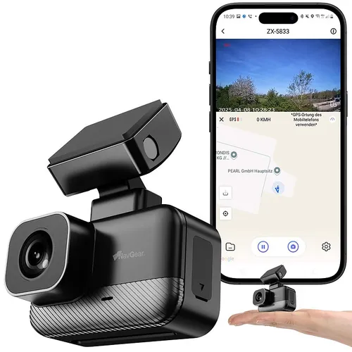 NavGear Mini-2K-Dashcam mit G-Sensor, GPS, Parkwächter, Nachtsicht, WLAN, App