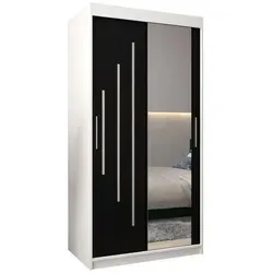Abiks Möbel Schwebetürenschrank, Weiß, Schwarz, Holz, Nachbildung, 5 Fächer, 100x200x62 cm, Schlafzimmer, Kleiderschränke, Schwebetürenschränke